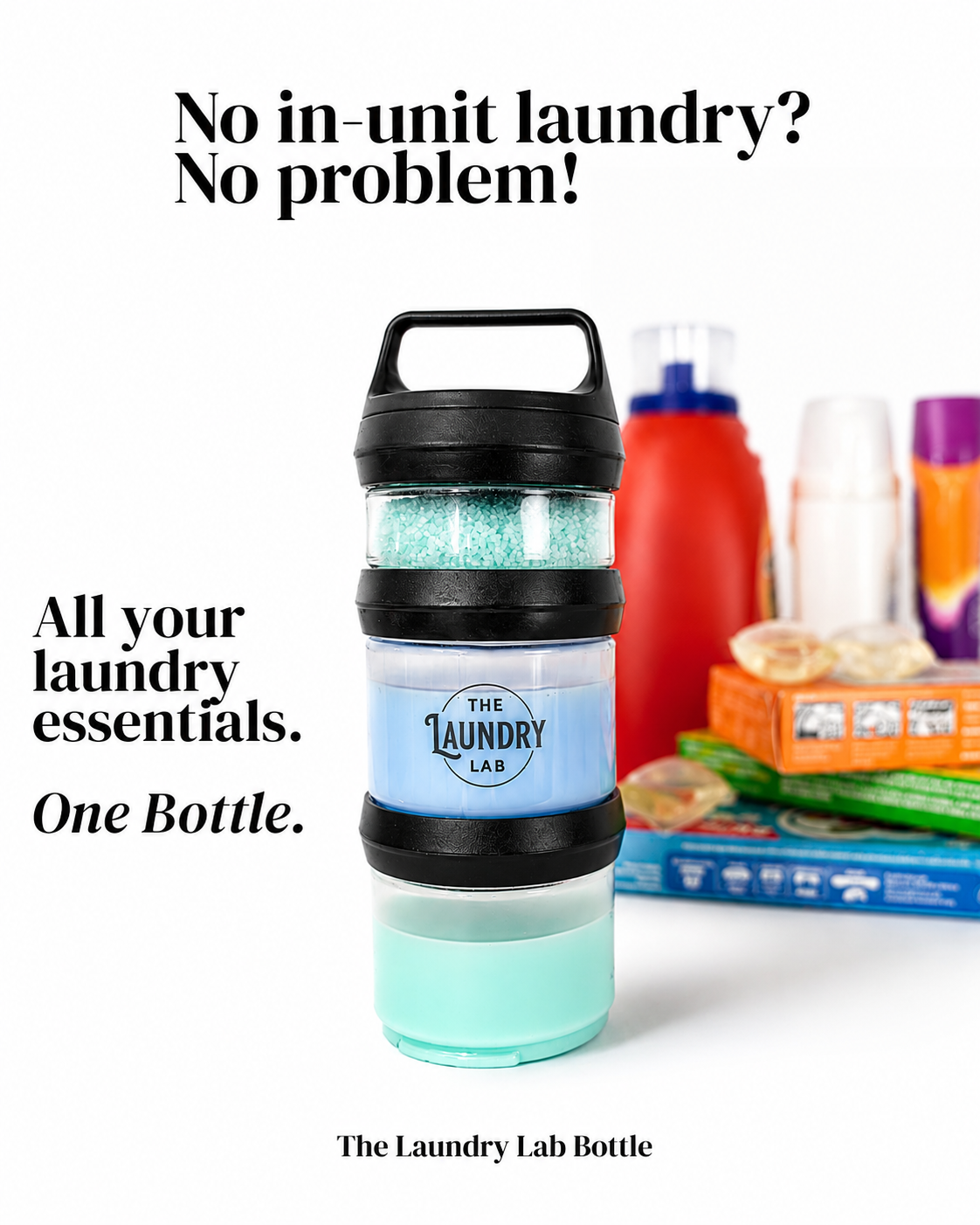 A portable, small, compact refillable laundry detergent bottle that holds all your laundry detergents in one place. This bottle is perfect for anyone who lives in apartments, dorms and travel. Easy to carry to laundromats and laundry rooms as the perfect essential on laundry day. 